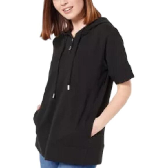 NWT Joan Rivers French Terry Short Sleeve Hoodie Sz XXS Black Relaxed Fit Pocket - Picture 1 of 9